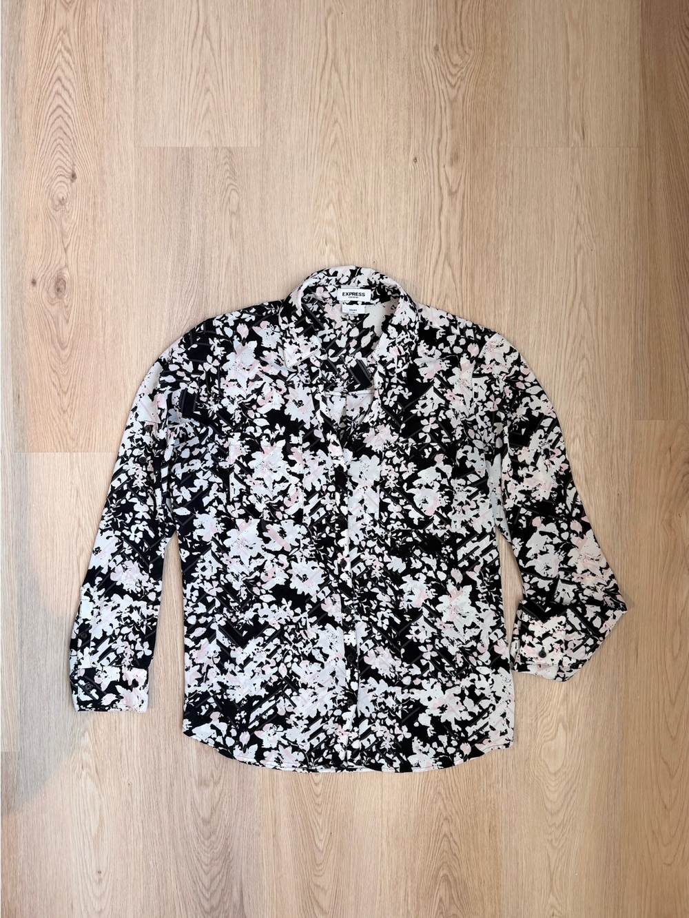 Express Black Portofino Floral Button-Down Shirt with White & Pale Pink Accents